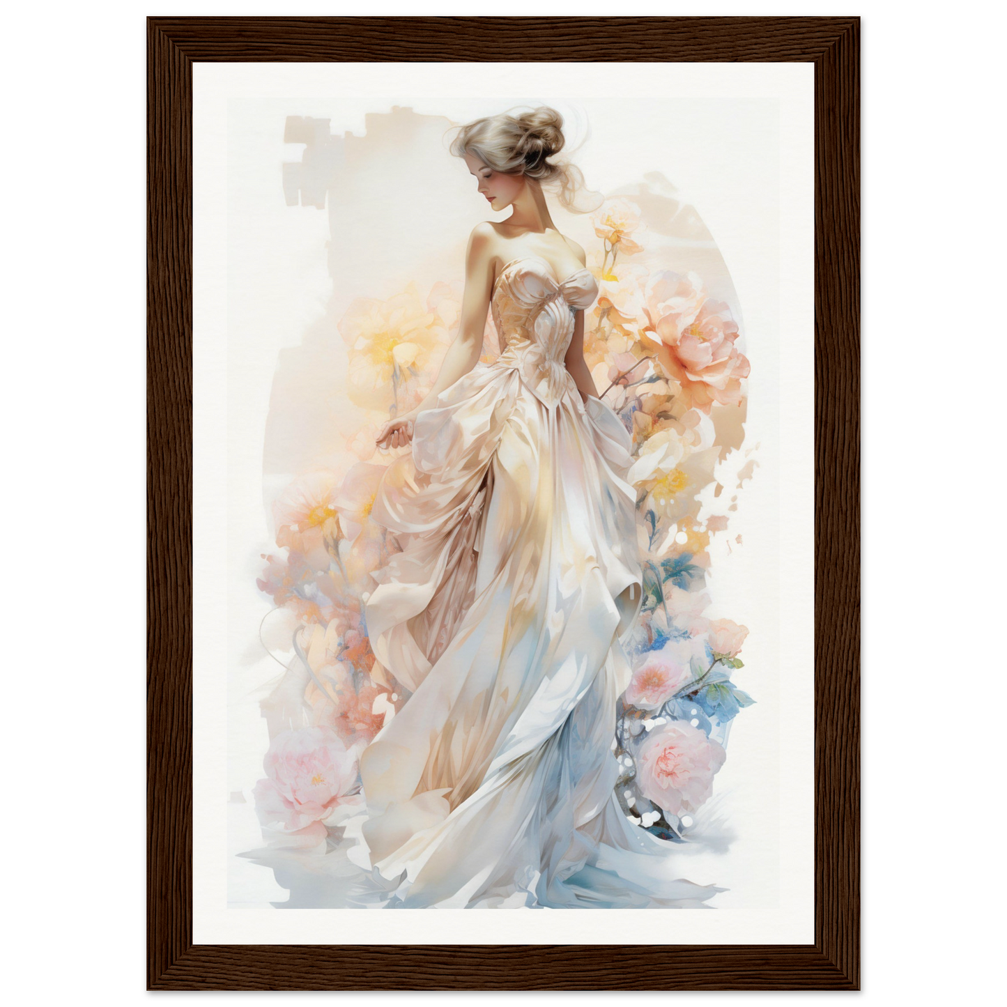 A woman in a white dress with flowers in her hair