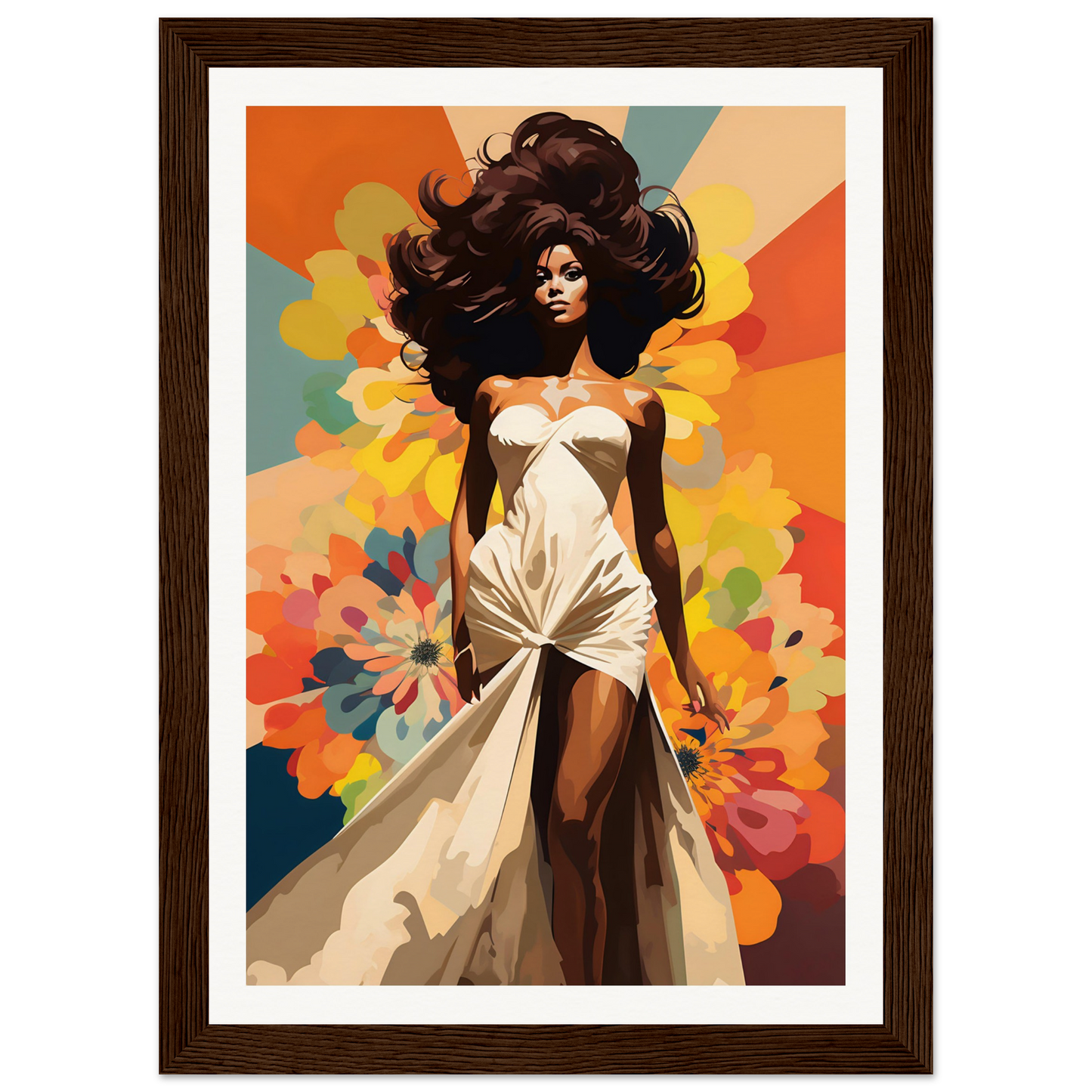 A woman in a white dress with flowers in the background