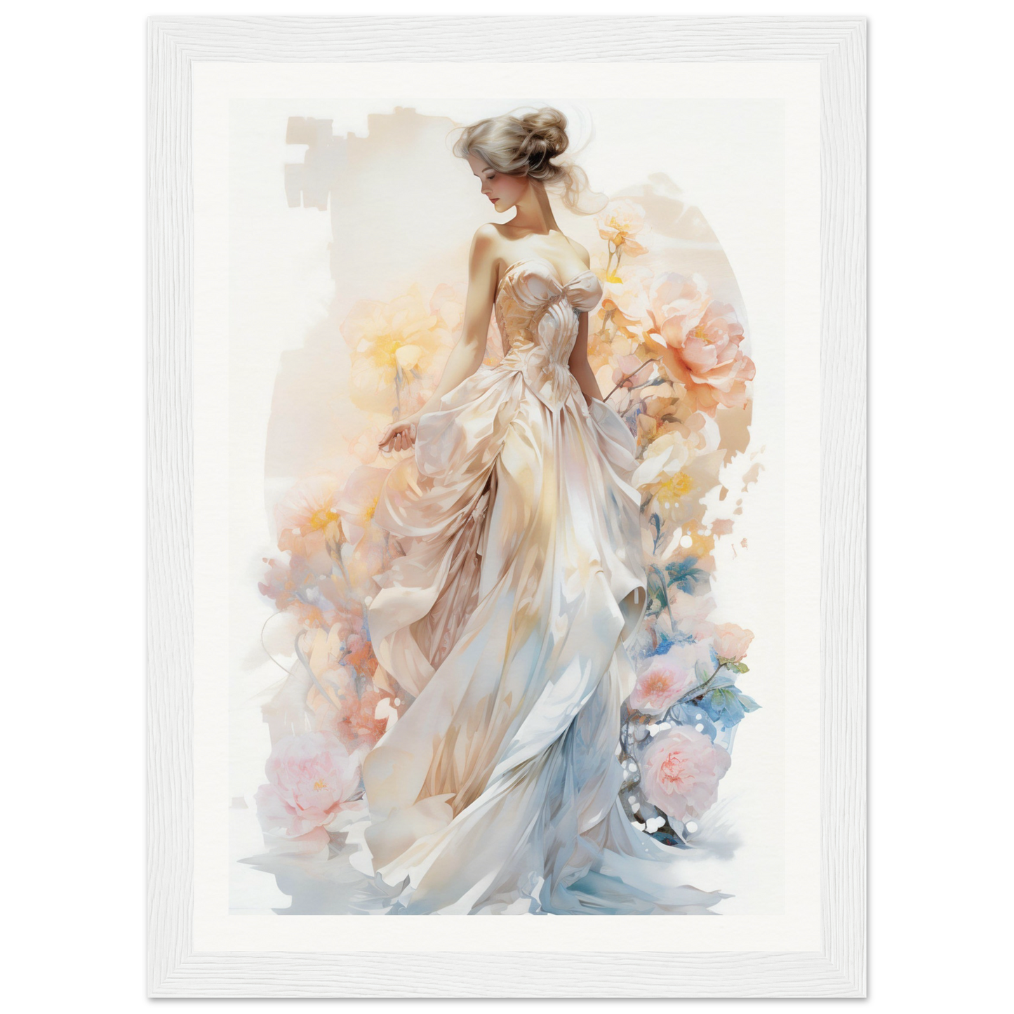 A woman in a white dress with flowers on her head