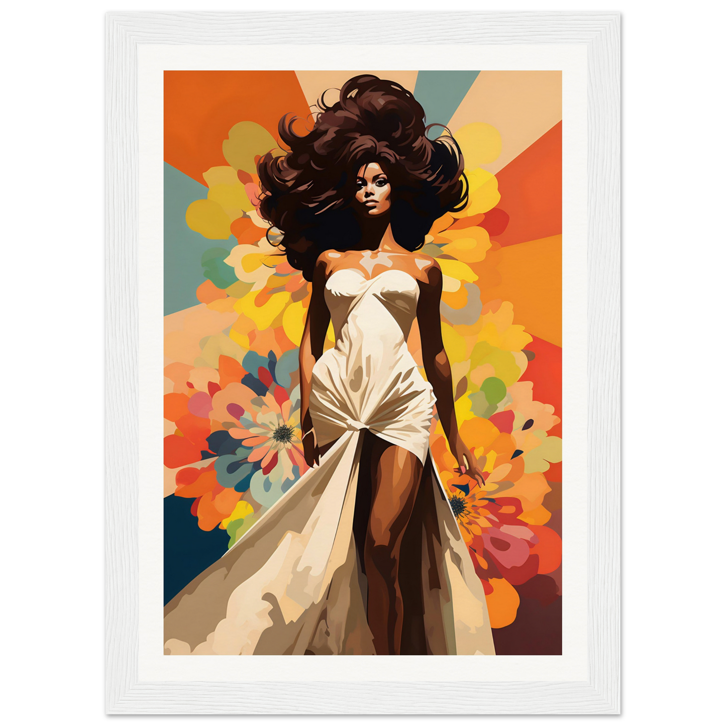 A woman in a white dress with flowers in the background