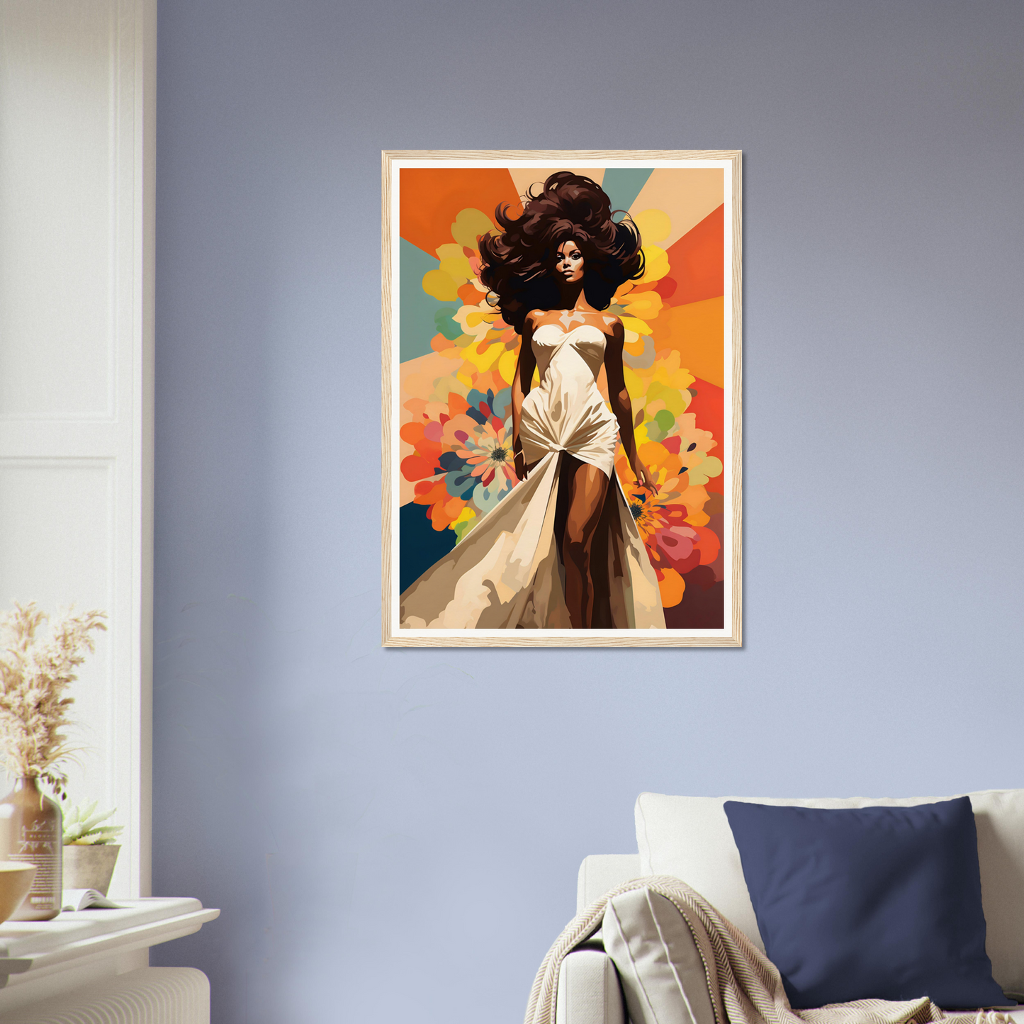 A woman in a white dress with flowers on her head