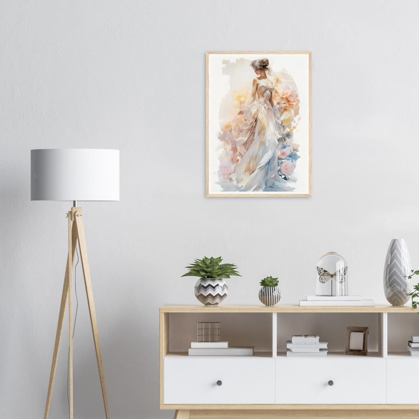 A woman in a white dress with flowers on her head and a pink flower in her hair framed on a