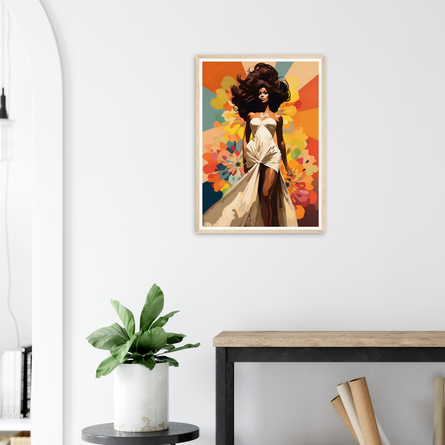 A woman in a white dress with flowers on her head, standing in front of a wall with a poster