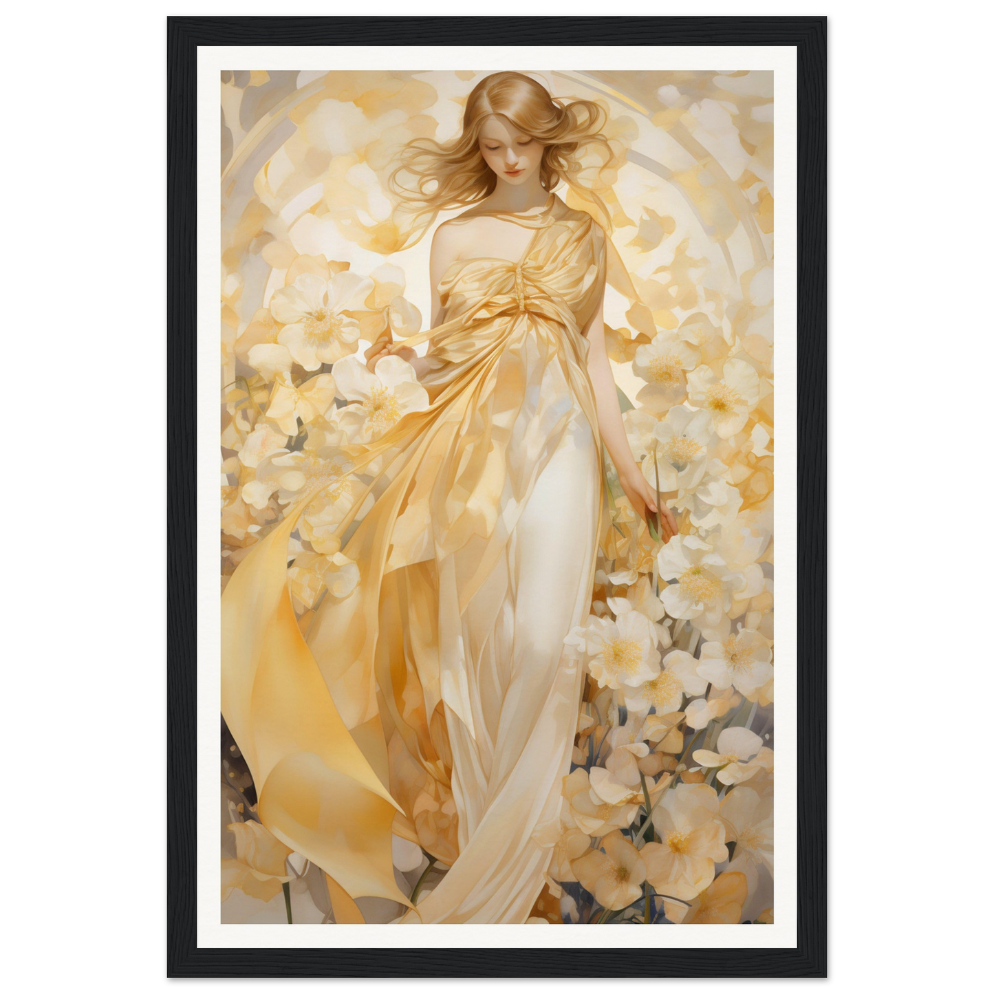 A woman in a yellow dress with flowers