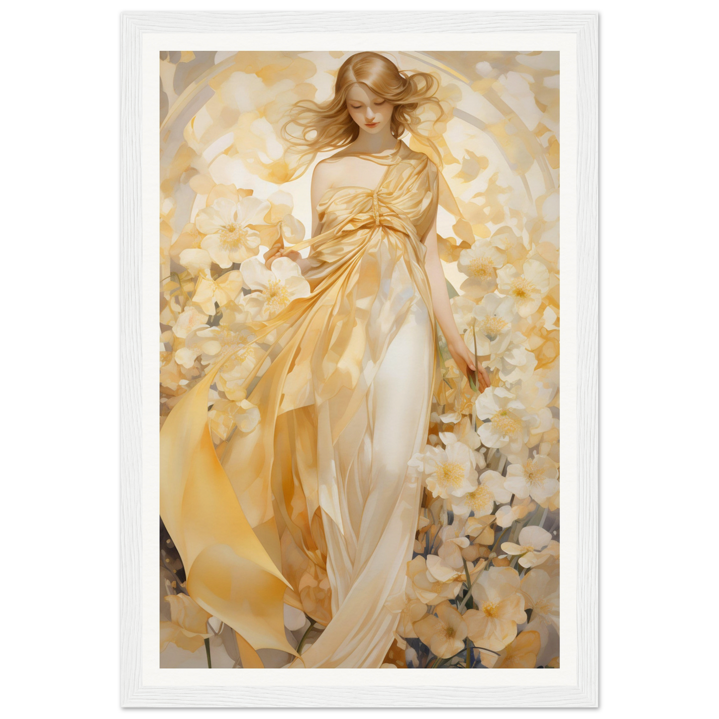 A woman in a yellow dress with flowers