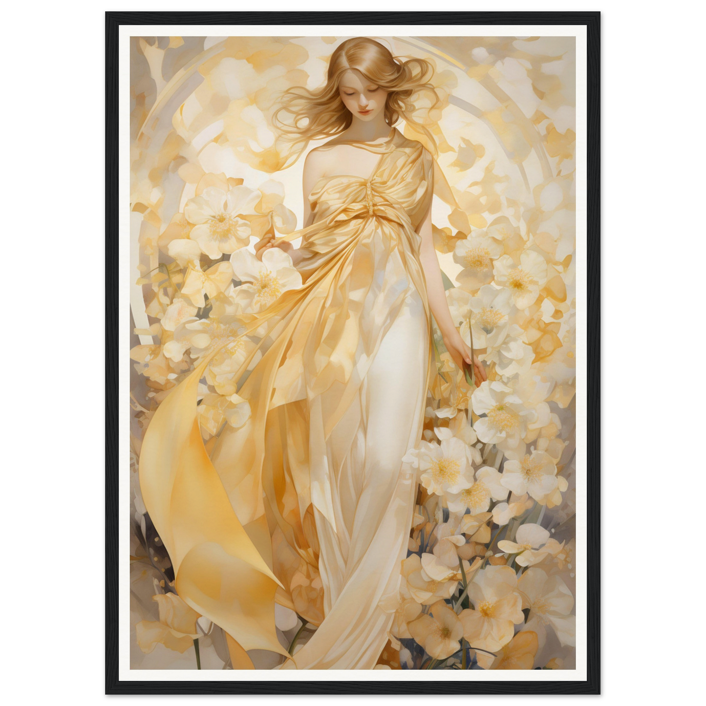 A woman in a yellow dress with flowers