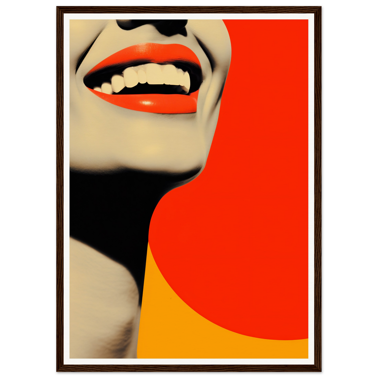 A woman’s face with red lips and a yellow background
