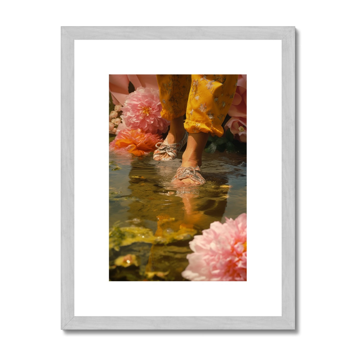 A woman’s feet in water with flowers