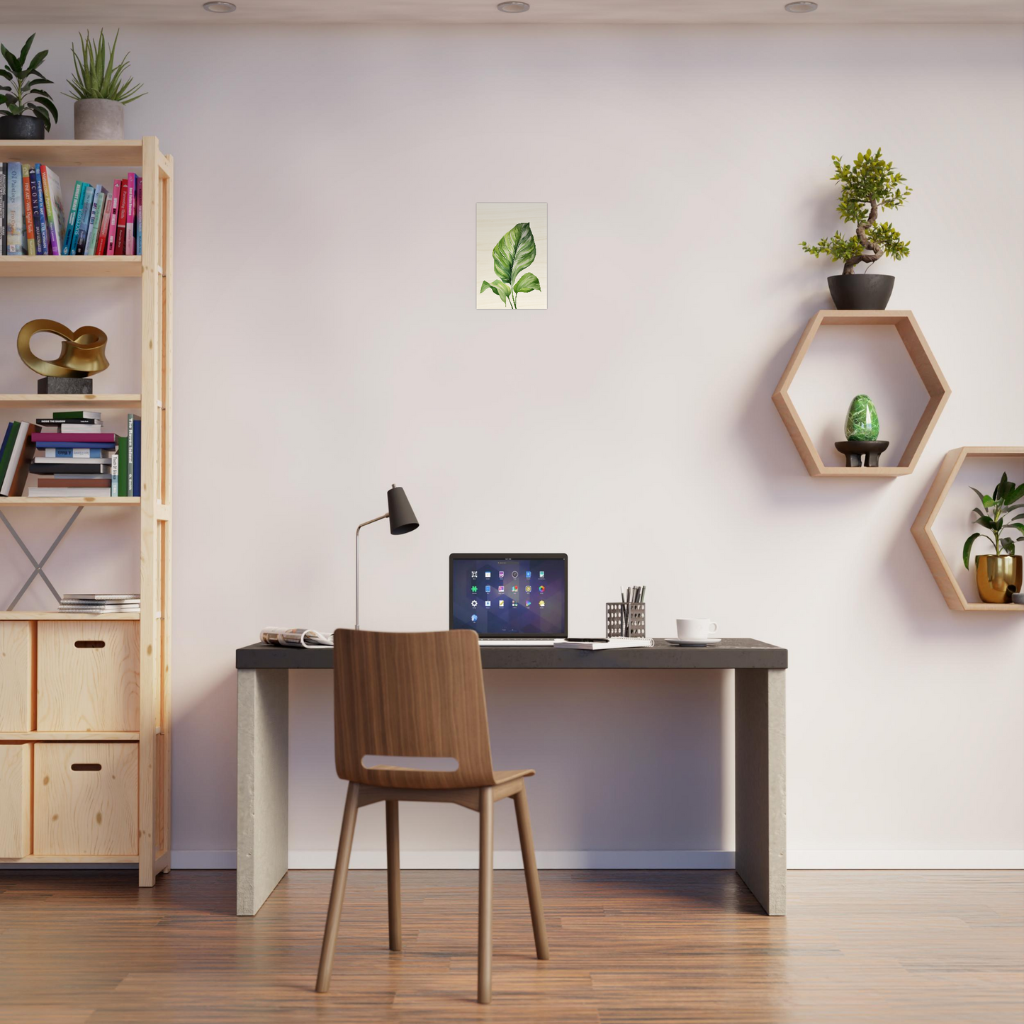 A wooden desk with a laptop and a wooden chair