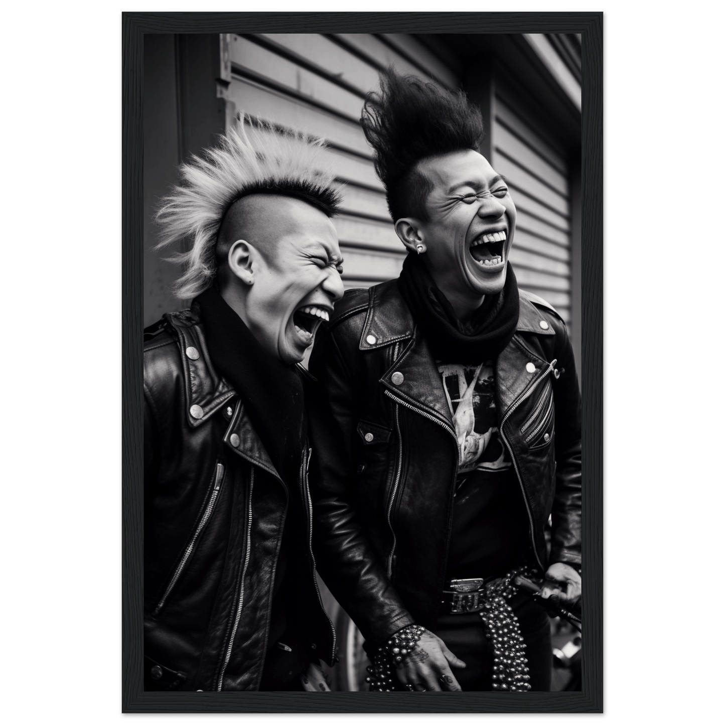 Two laughing punk rockers with mohawks wearing leather jackets.