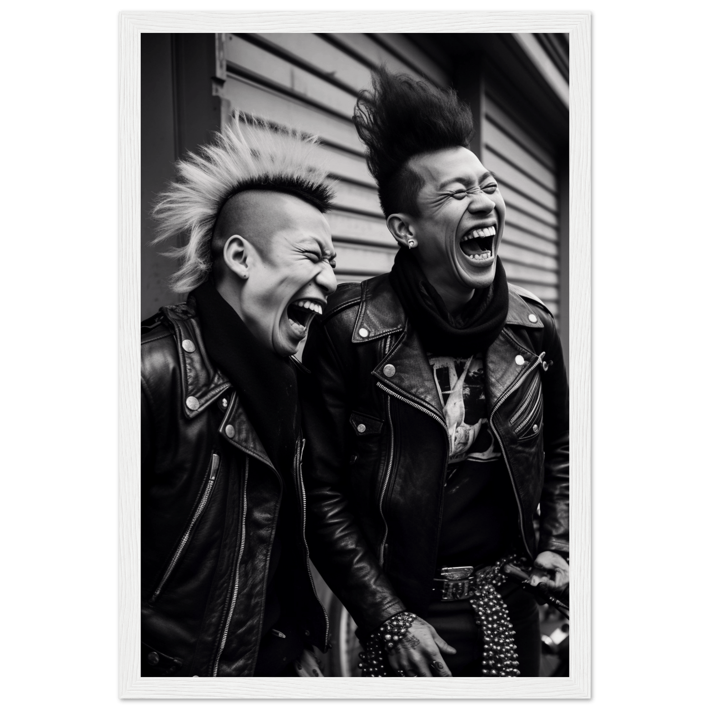 Two punk rockers with mohawks laughing exuberantly while wearing leather jackets.