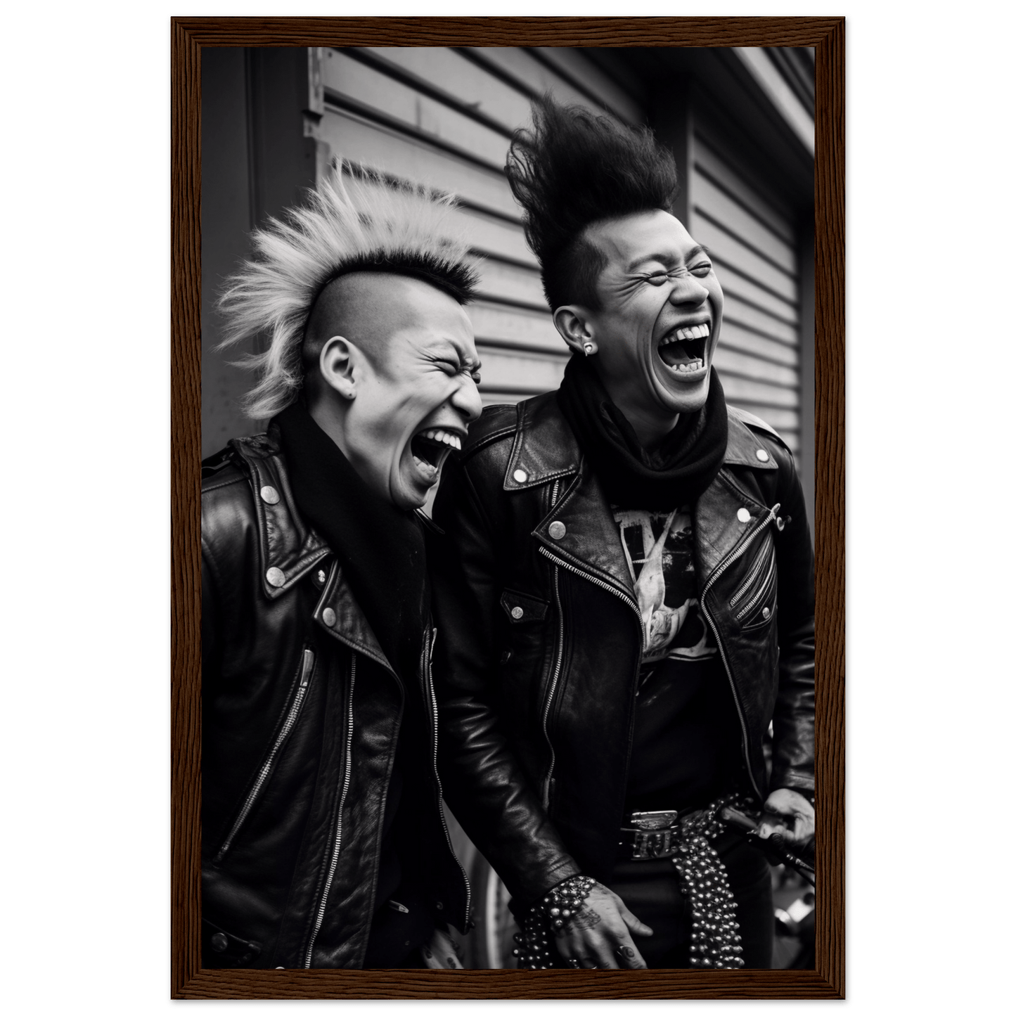 Two laughing punk rockers with mohawks wearing leather jackets.