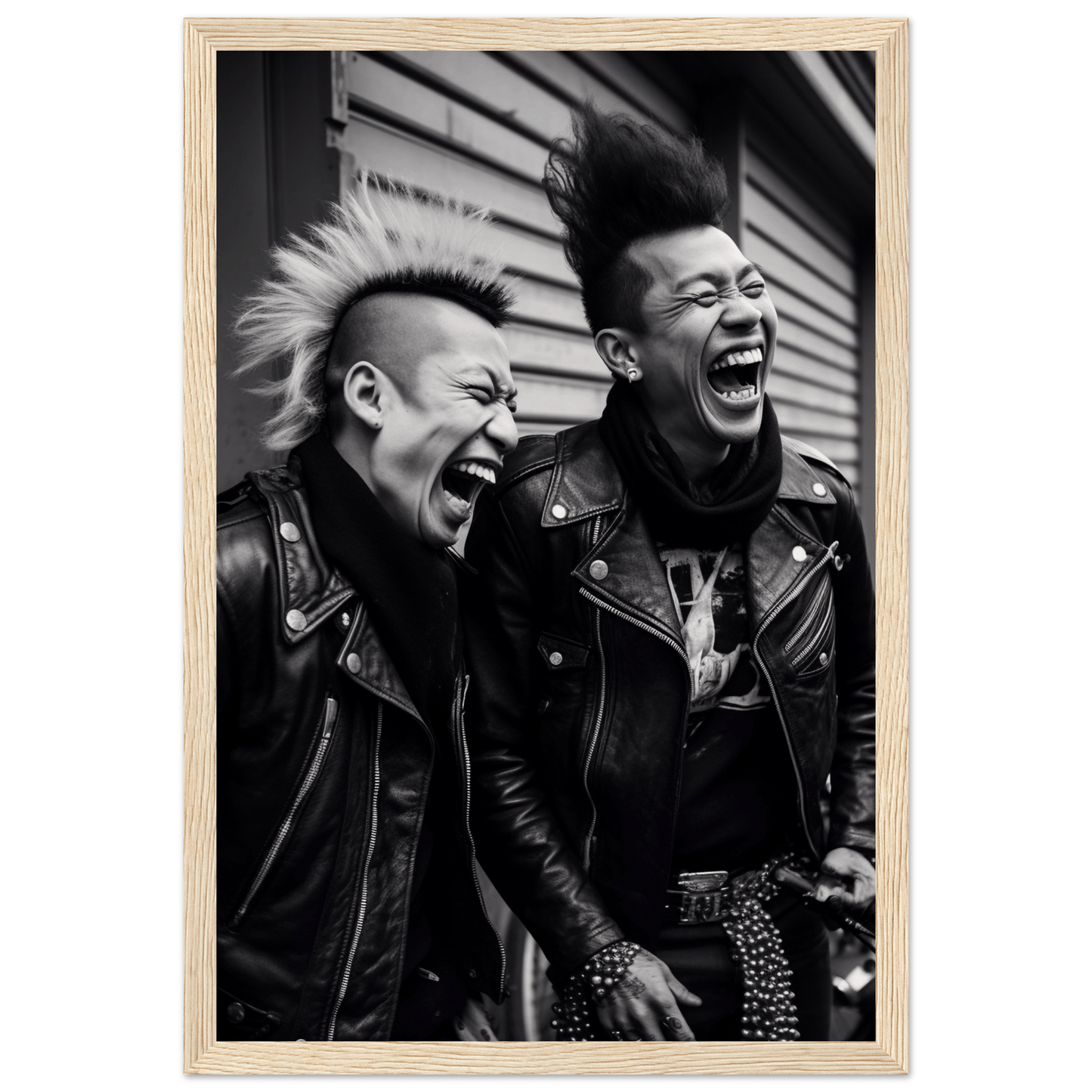Two laughing punk rockers with mohawks wearing leather jackets.