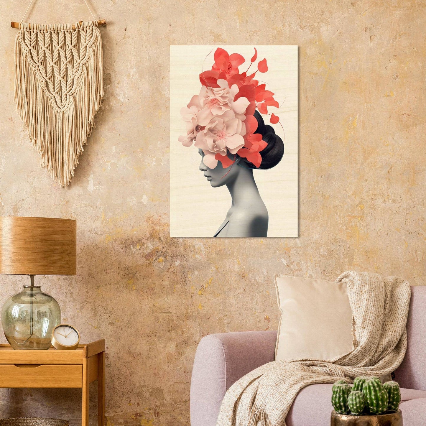 Artistic canvas print depicting a silhouette with vibrant floral hair.