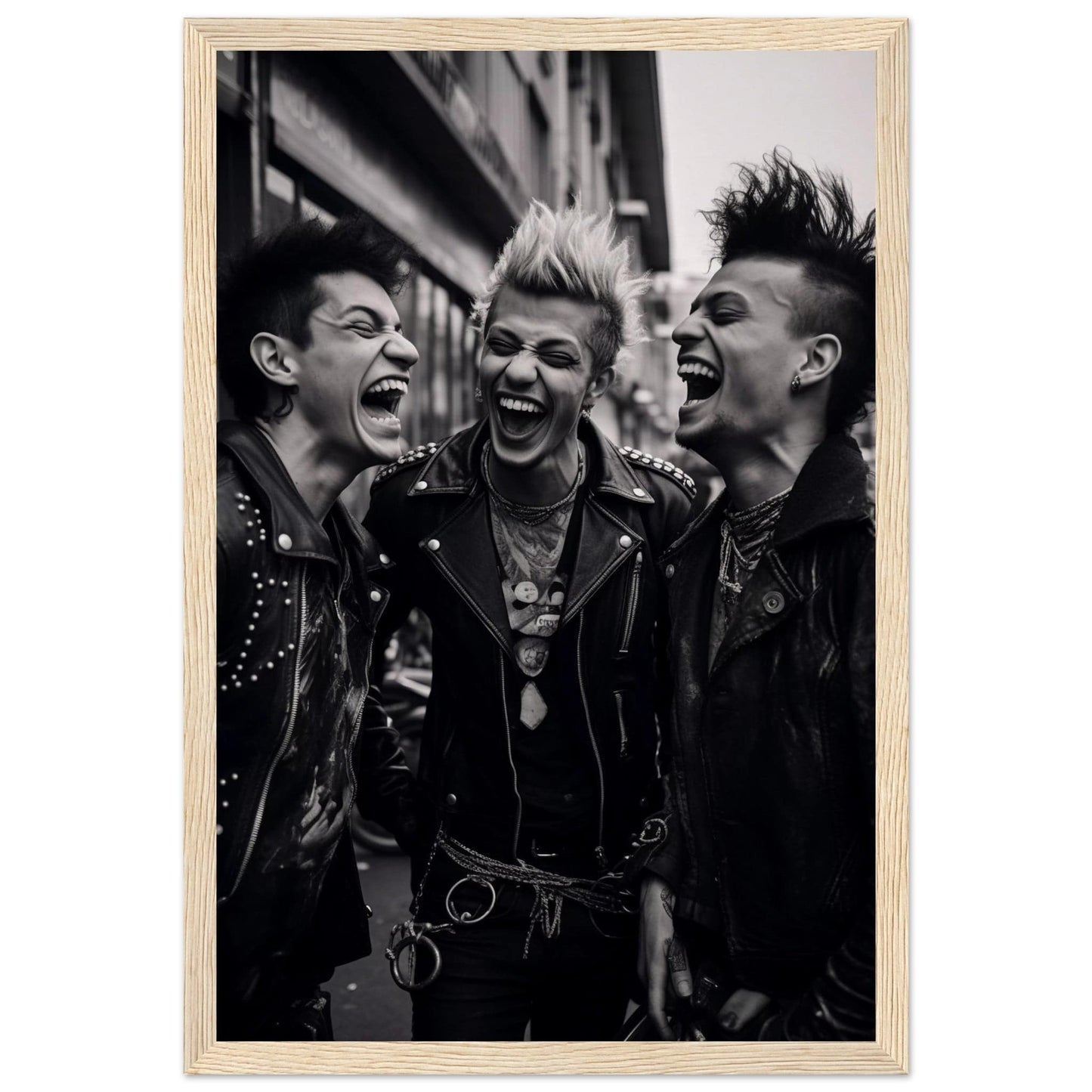 Black and white photograph of three exuberant punk rockers with mohawk hairstyles laughing together.