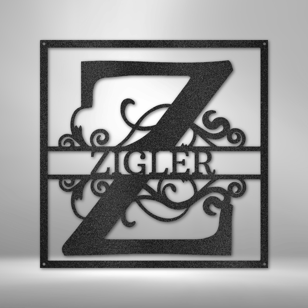 Decorative monogram sign featuring the letter ’Z’ and surname ’ZIGLER’ with ornate scrollwork.