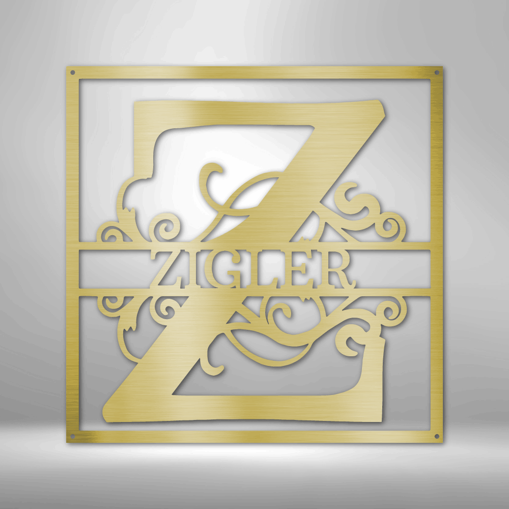 Ornate gold-colored monogram featuring the letter Z and the name ’Zigler’ with decorative swirls.