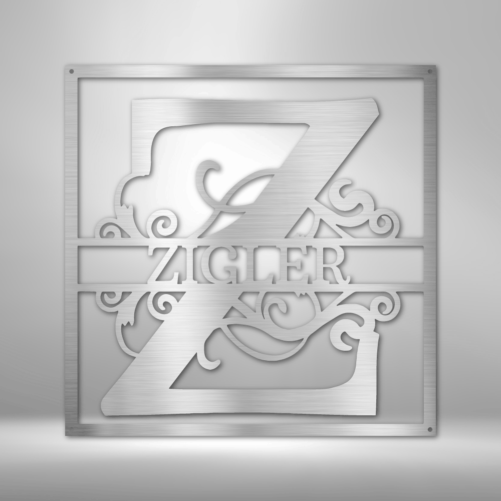 Decorative metal sign featuring the name ’ZIGLER’ with an ornate letter Z and flourishes.