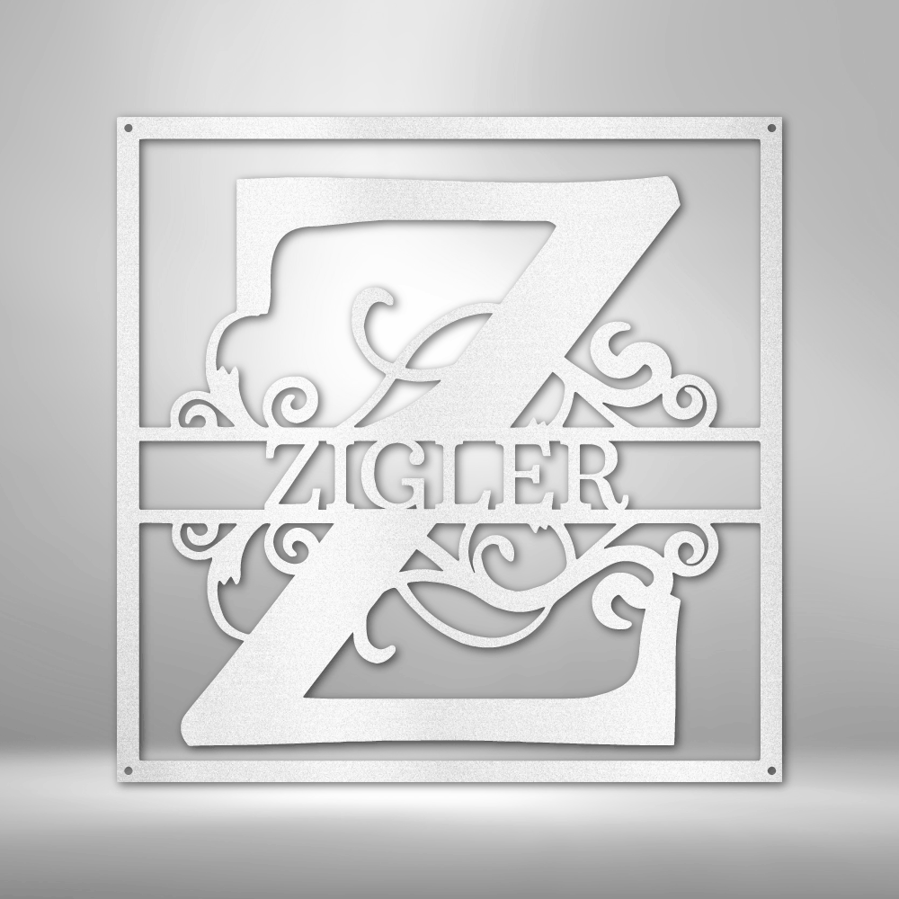 Ornate monogram design featuring the letter Z and surname ’ZIGLER’ in white against a gray background.