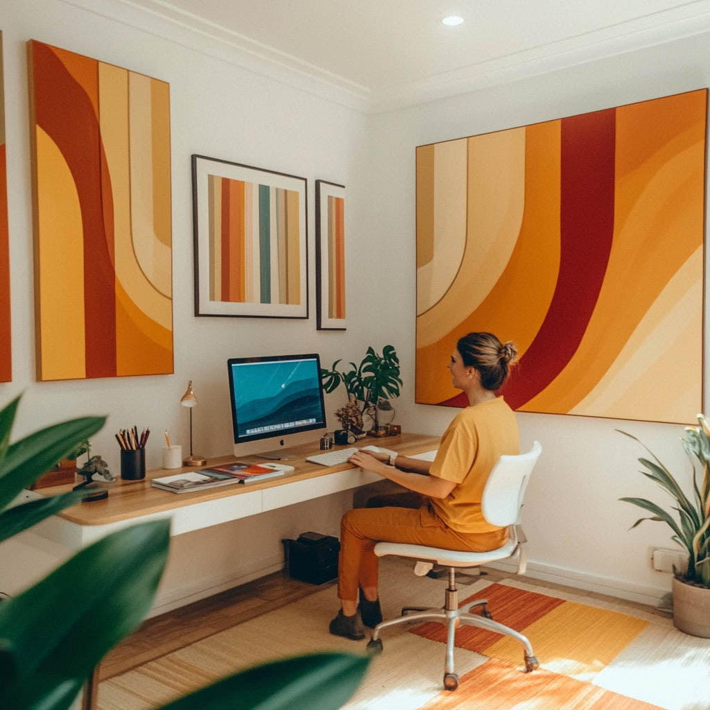 home offices with amazing colorful wall art with warm tones
