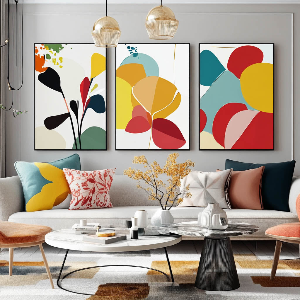 modern living room with amazing wall art gallery minimalistic flower abstract art