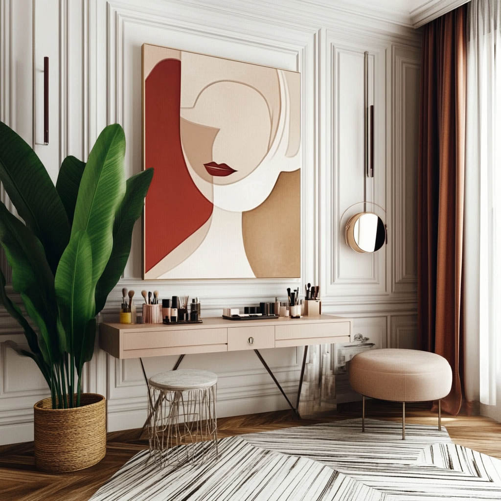 A modern room with a large abstract painting above a makeup vanity. The vanity holds various cosmetics. A round mirror and stool are nearby. A potted plant is on the left, and a window with curtains is on the right. 