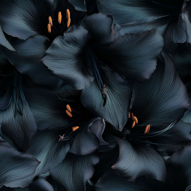 Close-up of dark, ruffled petals of hibiscus flowers with orange-tipped stamens. The petals have a deep, rich color, creating a dramatic and moody effect.