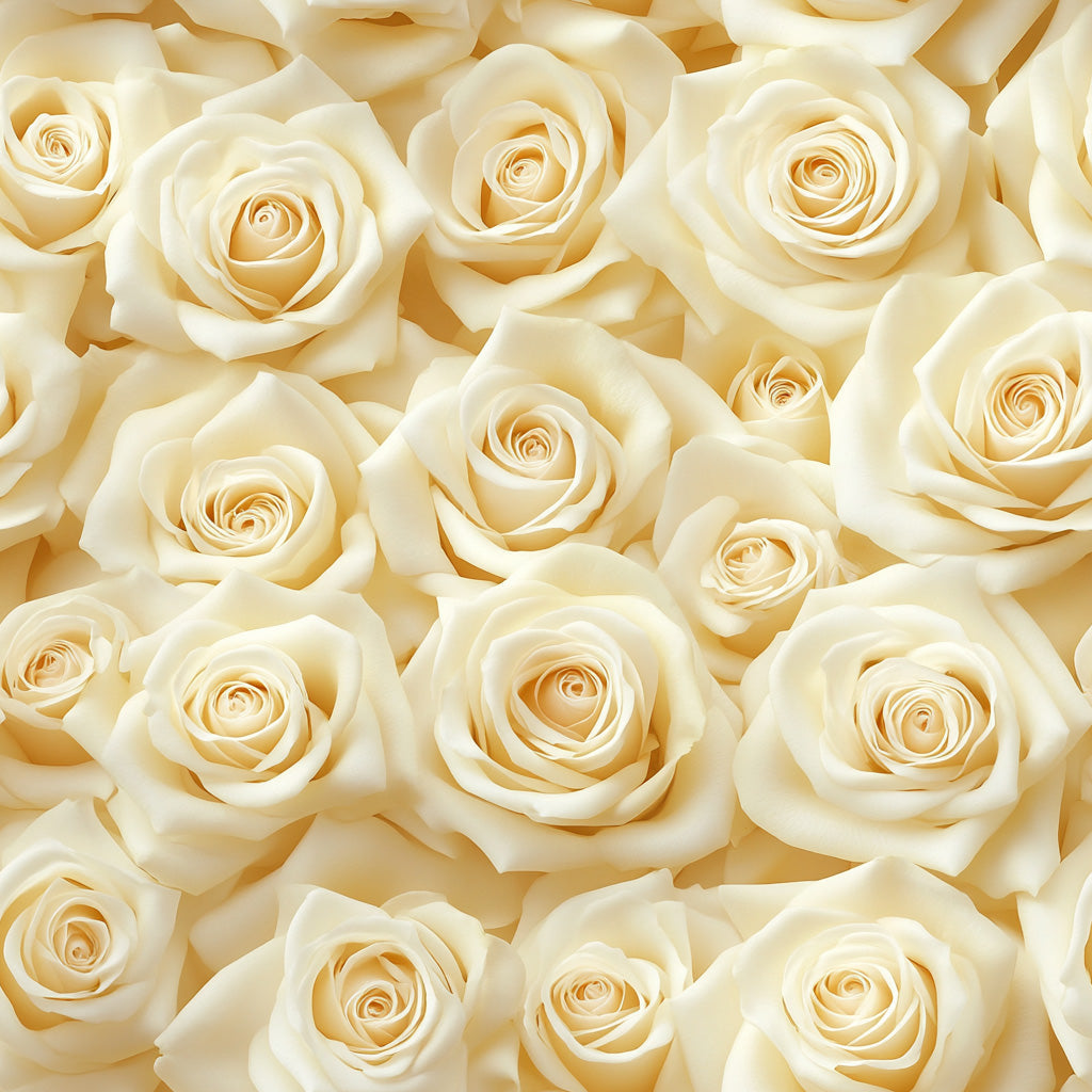 A close-up view of numerous white roses, each in full bloom, creating a dense and uniform floral pattern. The petals are softly curled and layered, showcasing subtle variations in texture and shading.