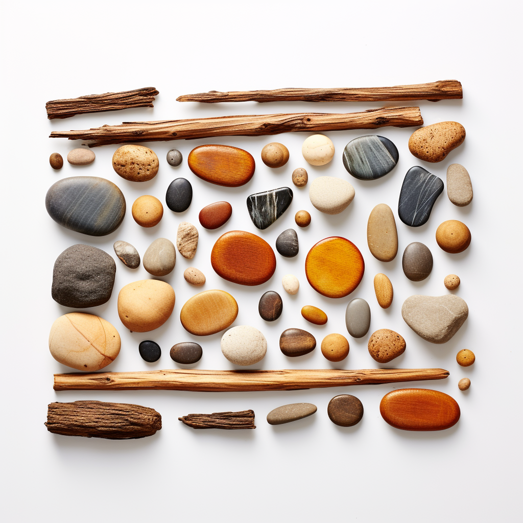 A collection of smooth, colorful stones and pieces of driftwood are arranged neatly on a white background. The stones vary in size and shape, featuring shades of orange, gray, beige, and brown.