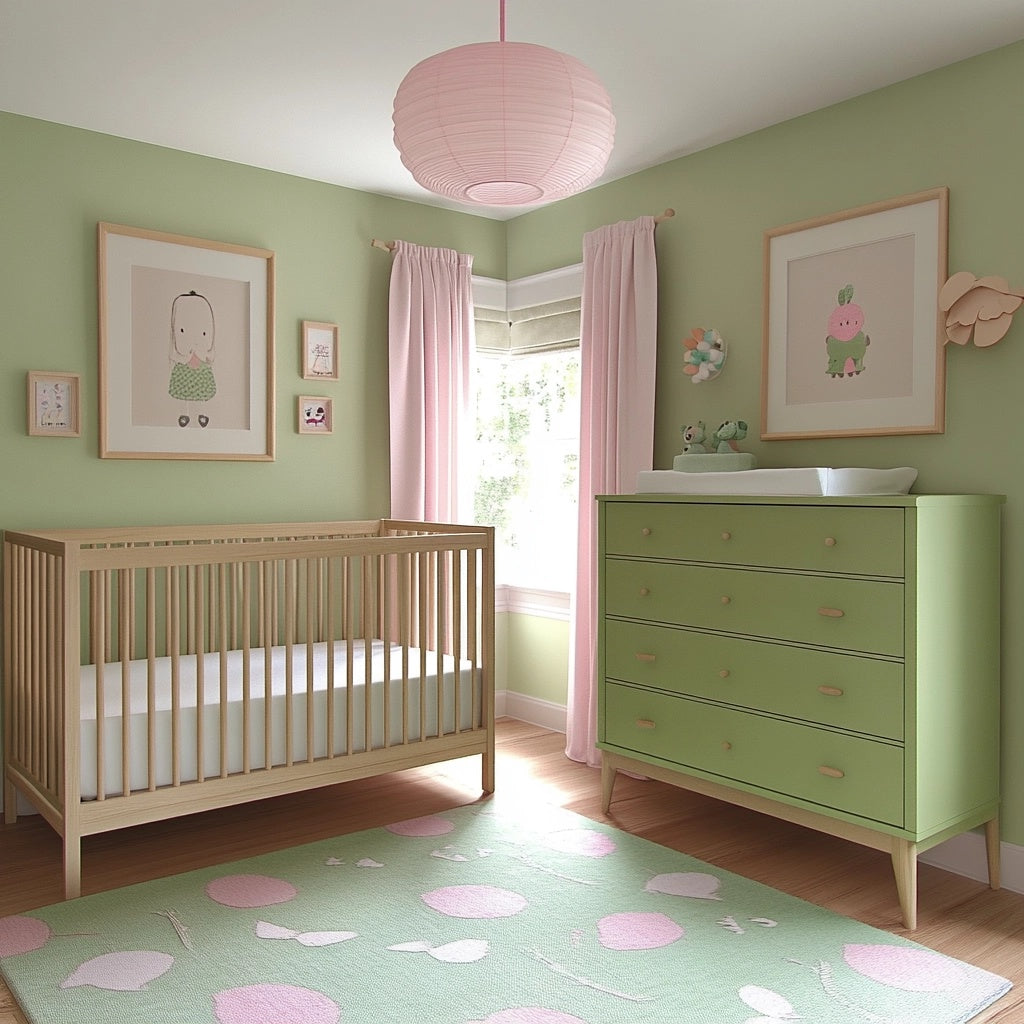 A pastel green nursery features a wooden crib, a green dresser with a changing pad, and pink curtains. A pink paper lantern hangs from the ceiling, and framed animal prints adorn the walls. A pink and green rug covers the floor.