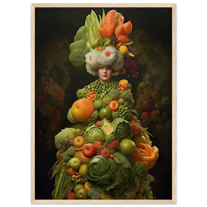 Surreal figure composed entirely of colorful fruits and vegetables.