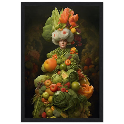 Surreal figure composed entirely of colorful fruits and vegetables arranged in a human-like form with an elaborate headdress.