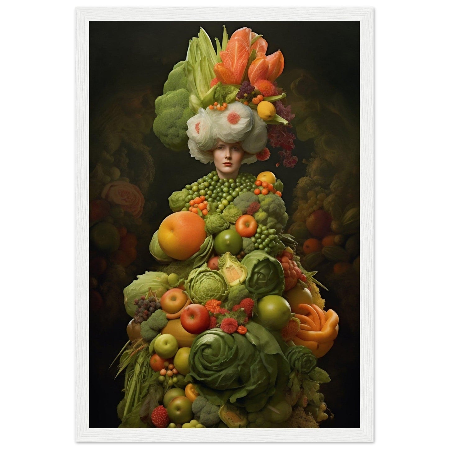 Surreal figure composed entirely of colorful fruits and vegetables arranged to resemble a human form.