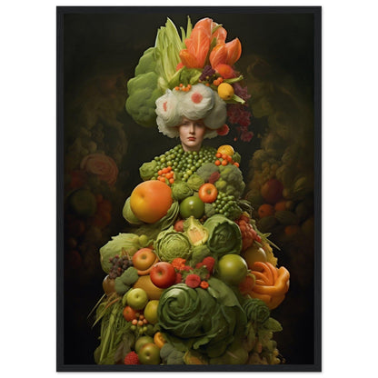 Surreal figure composed entirely of colorful fruits and vegetables arranged to resemble a human form with an elaborate headdress.