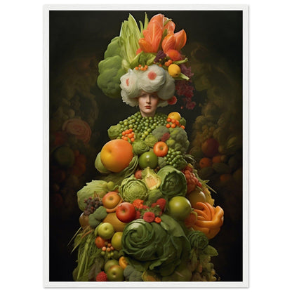 Fantastical figure composed entirely of colorful fruits and vegetables arranged to resemble a human form with an elaborate headdress.