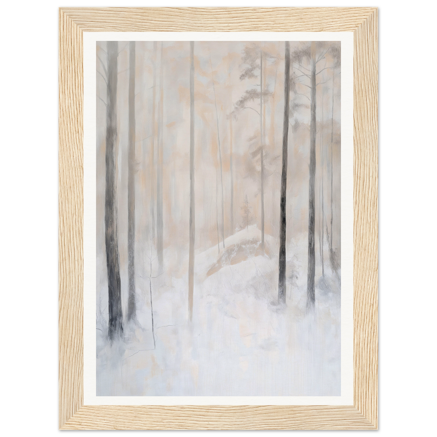 Framed wall art of a misty forest in beige and gray, perfect for elegant interior design.