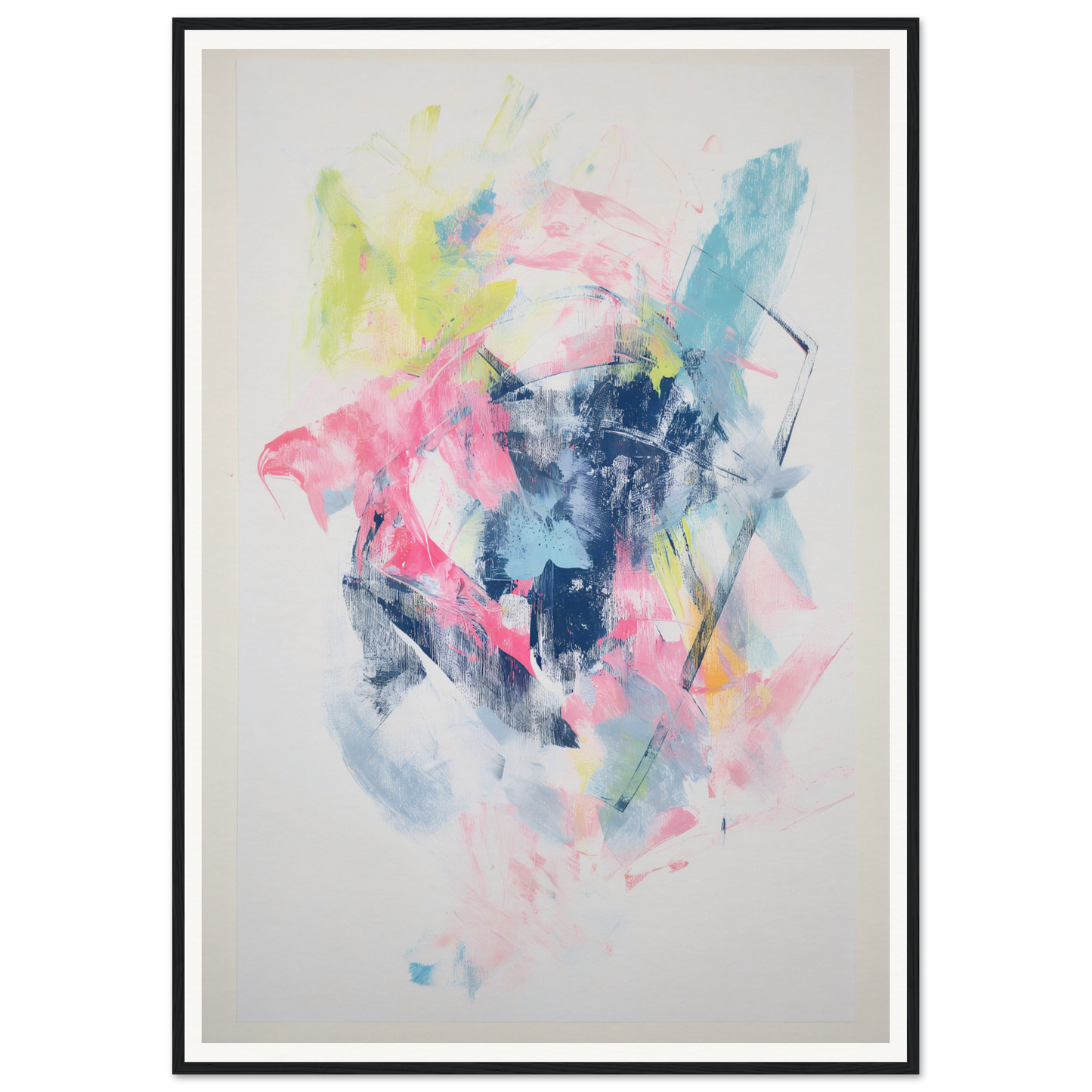 Framed wall art with colorful brushstrokes in pink, blue, yellow, and white.