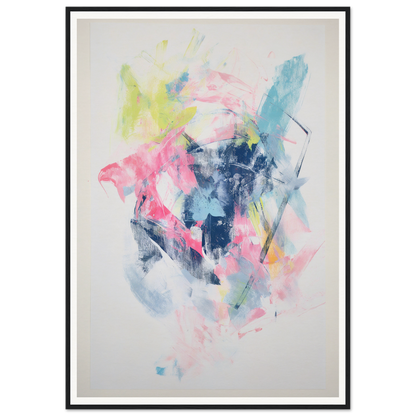 Framed wall art with colorful brushstrokes in pink, blue, yellow, and white.