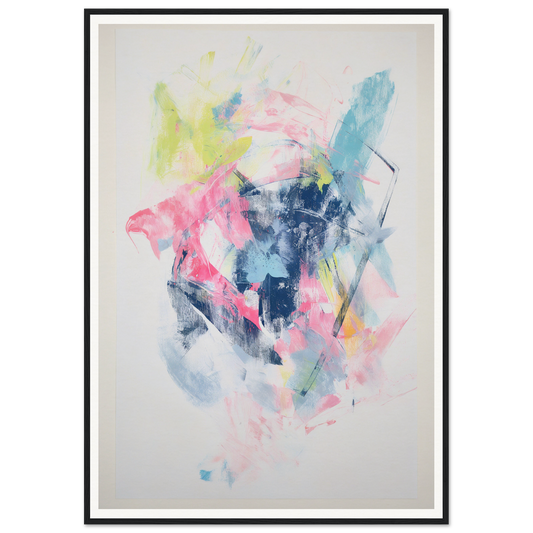 Framed wall art with colorful brushstrokes in pink, blue, yellow, and white.