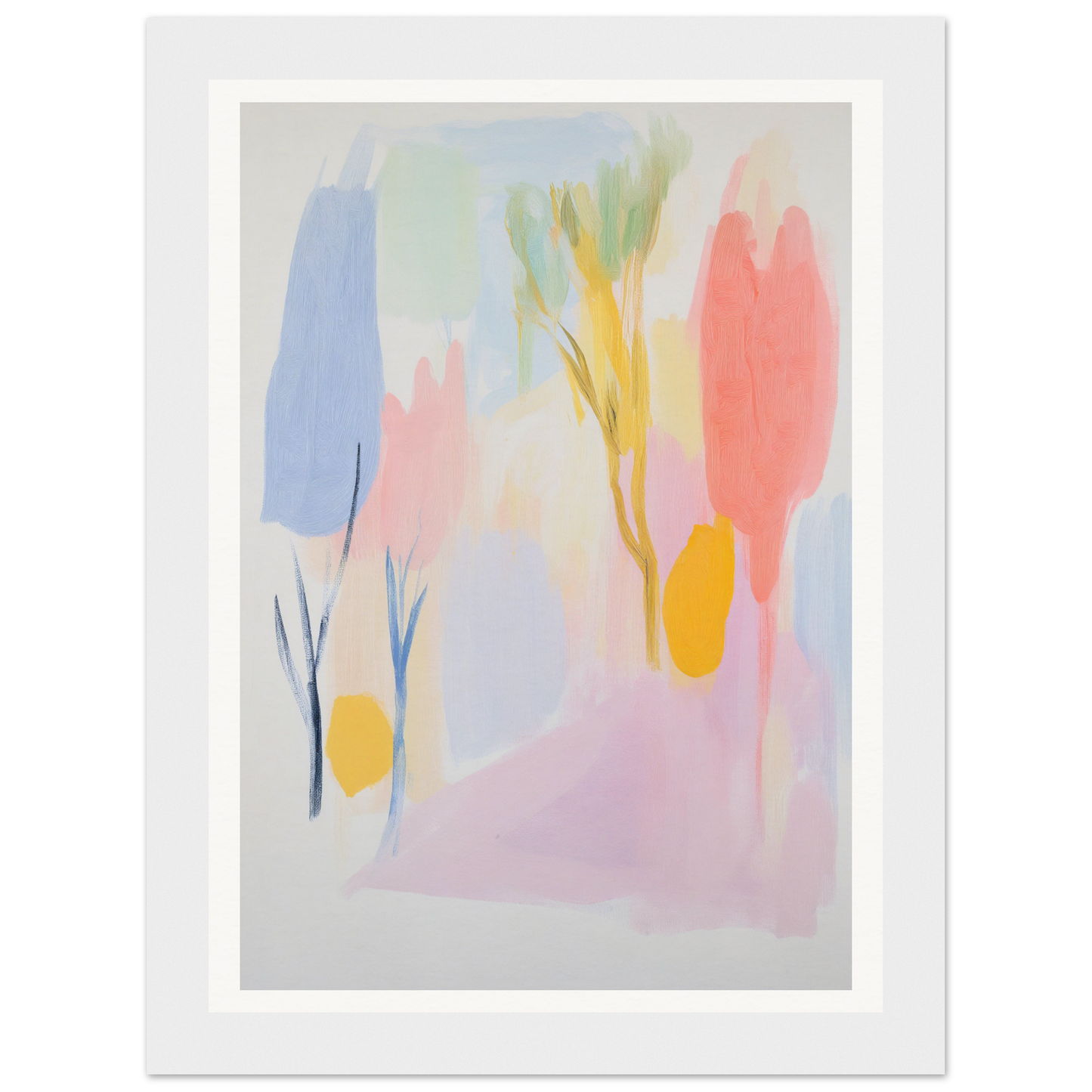 Framed wall art with pastel tree-like shapes, perfect for room decor.