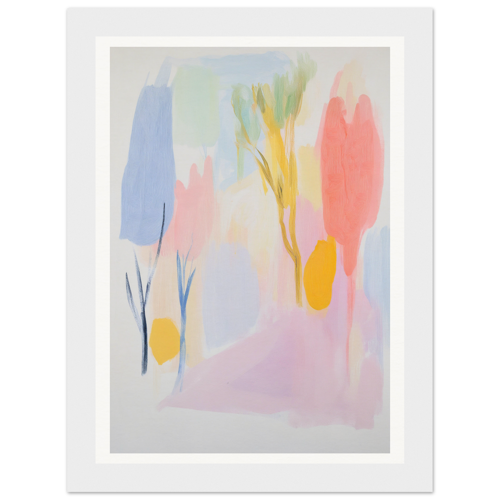 Framed wall art with pastel tree-like shapes, perfect for room decor.