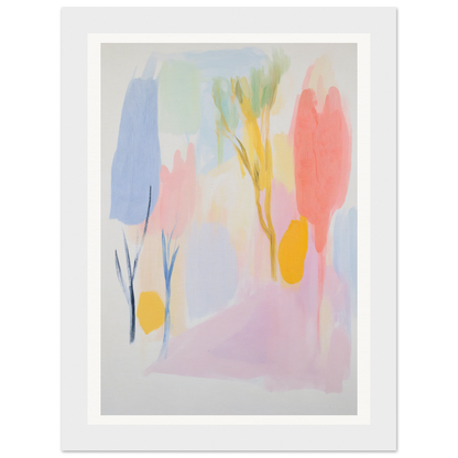 Framed wall art with pastel tree-like shapes, perfect for room decor.