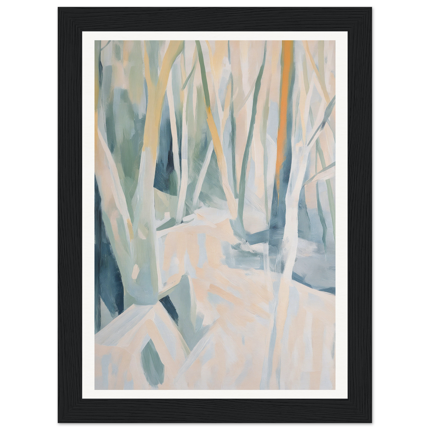 Framed wall art of a winter forest scene with bare trees and snow in a sleek black frame.