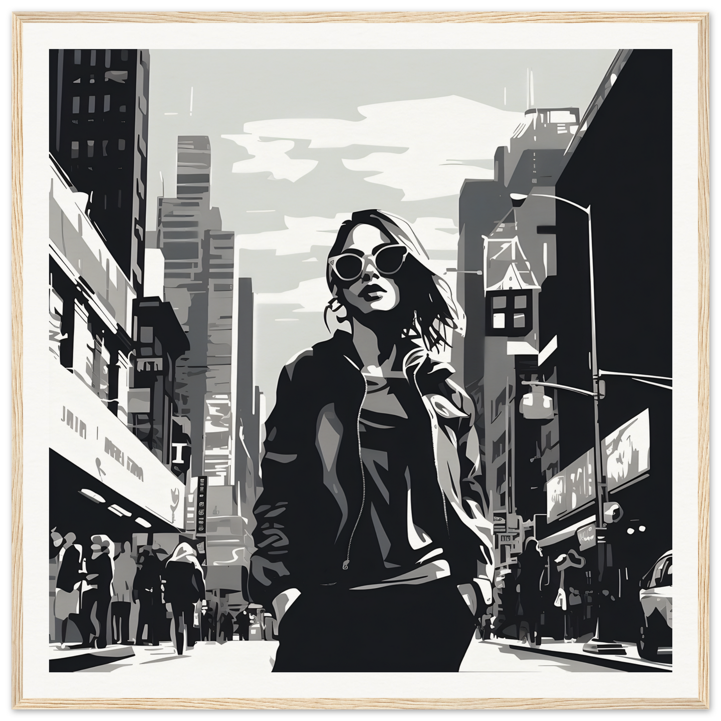 Stylized black and white illustration from Chic City’s Echoes showcasing a fashionable figure