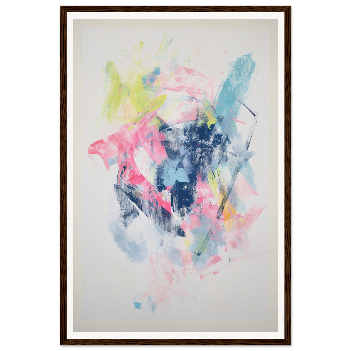 Framed abstract painting with bold pink, blue, and yellow brushstrokes for room decor.