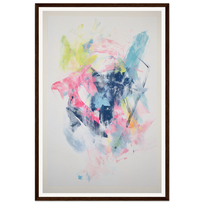 Framed abstract painting with bold pink, blue, and yellow brushstrokes for room decor.