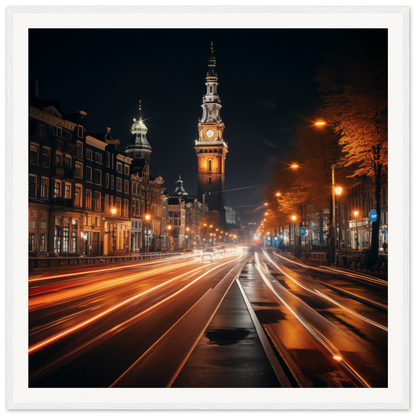 Illuminated church tower in Clockwork City Glow with vibrant light trails at night