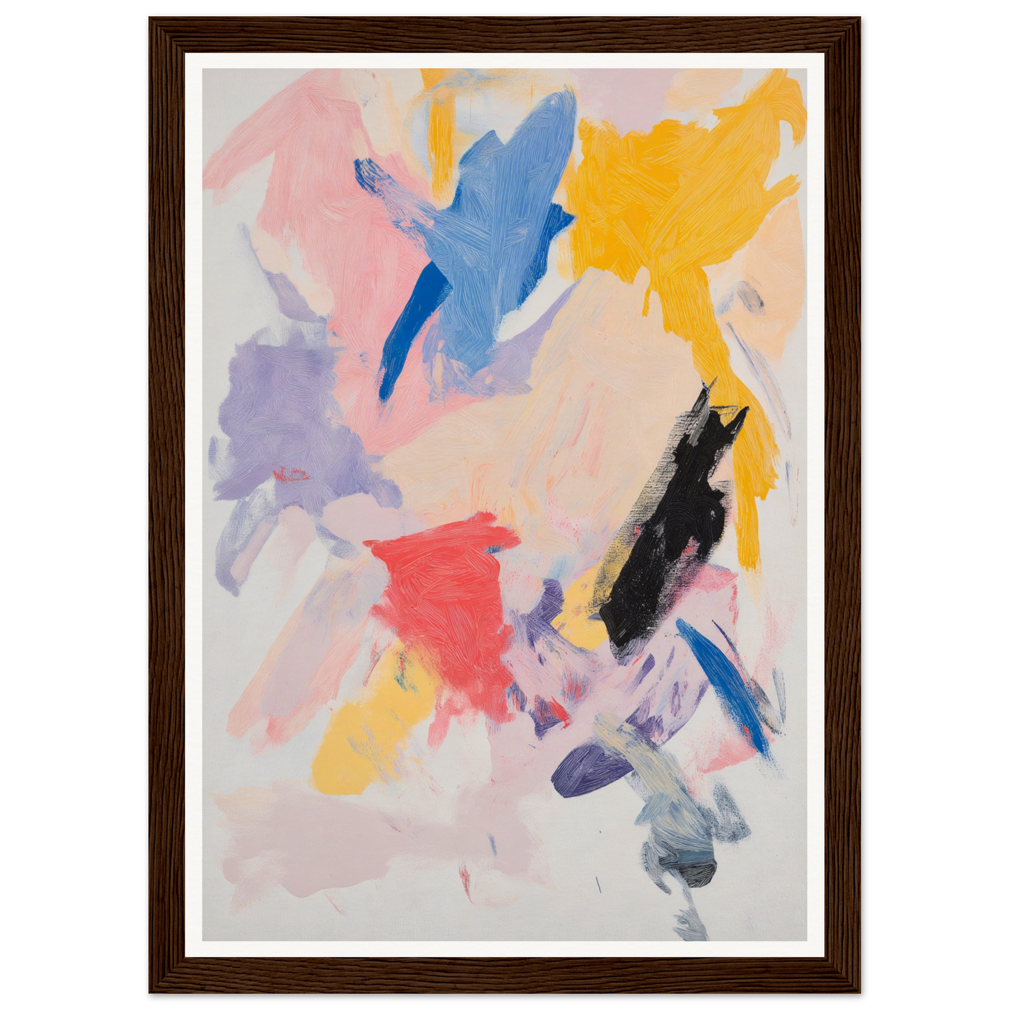 Framed wall art: Abstract painting with bold, colorful brushstrokes in a wooden frame.