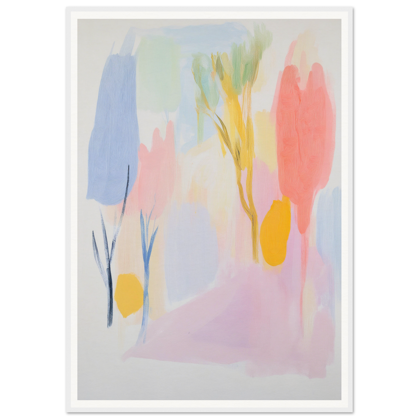 Framed wall art of abstract pastel hues with tree-like shapes enhances room decor.