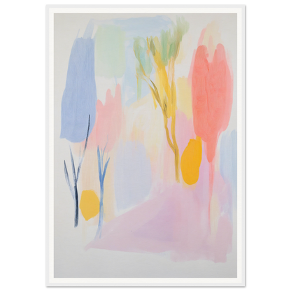 Framed wall art of abstract pastel hues with tree-like shapes enhances room decor.